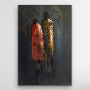 A textured silouette of two standing people on a dark background