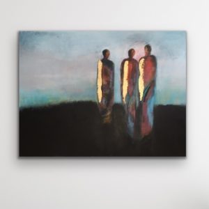 a 36x48 acrylic painting of three silouette figures